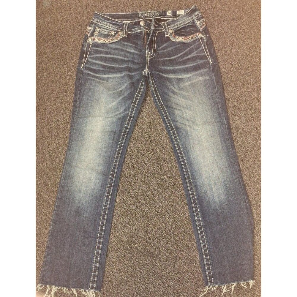 Miss Me Classic Boot Cut Jeans Womens Size 28 Raw Fray Hem Aztec Embellished Y2K